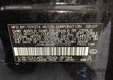 2007 Lexus Es 350 from USA, damaged, VIN JTHBJ46G872107232